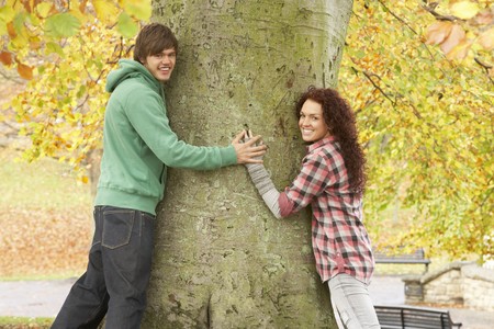 Romantic Teenage Couple By Tree In Autumn Parkの写真素材