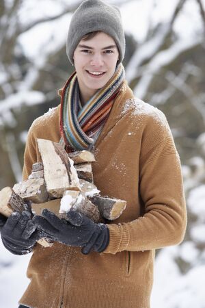 Teenage Boy In Snowy Landscape Carrying Logsの写真素材