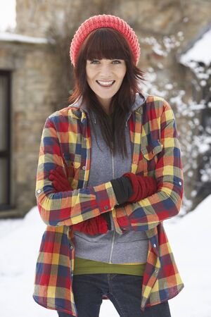 Woman In Snowy Landscape Wearing Warm Clothingの写真素材