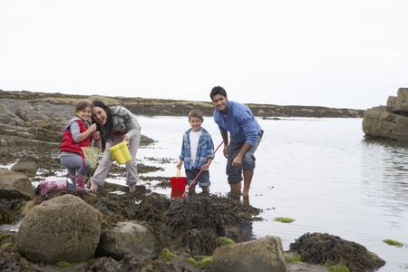 Young family at beach collecting shellsの写真素材