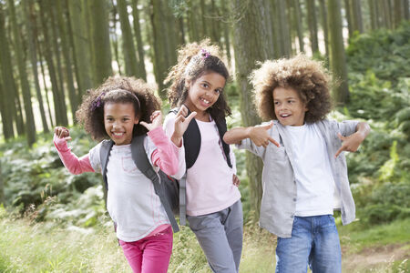 Three Children Exploring Woods Togetherの写真素材