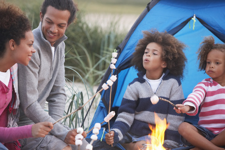 Family Camping On Beach And Toasting Marshmallowsの写真素材