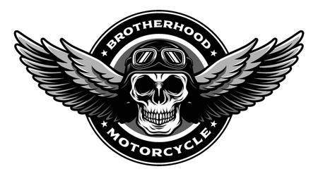 Detailed Classic Skull Head Wearing Retro Biker Helmet and Pilot Goggles With Spreading Wings Motorcycle Badge Designのイラスト素材