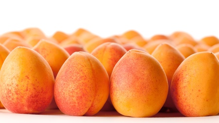 Many fresh ripe apricots in rows.