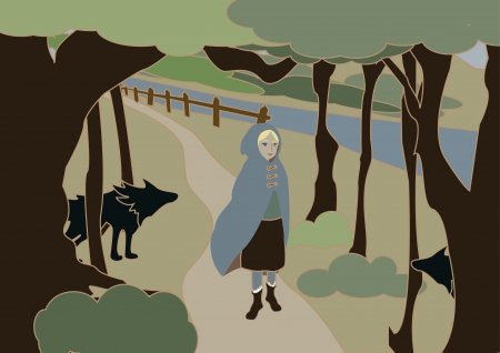 The girl in a raincoat goes on the wild woodのイラスト素材