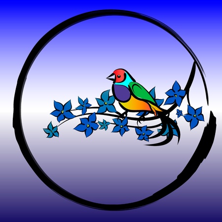 the bird sits on a branch with leaves in a circleのイラスト素材