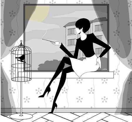the Gothic girl smokes near a windowのイラスト素材