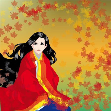 the beautiful girl in a kimono with falling leavesのイラスト素材