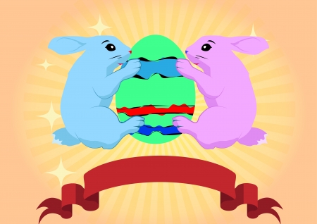 two rabbits embrace an Easter eggのイラスト素材