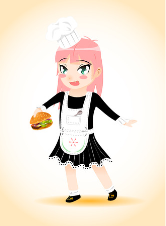 Girl chef with a hamburger vectorのイラスト素材