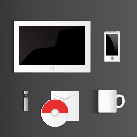 Blank Corporate Set isolated Business cards, Folder, envelopes, a4 letterheads, notebooks, flash, pencile, cd disk and smart phones.のイラスト素材