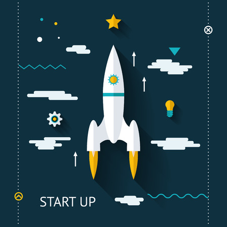 Retro Flat Design Space launch Start Up Concept New Business Project Development Innovation Product on Market on Stylish Color Background Vector Illustrationのイラスト素材