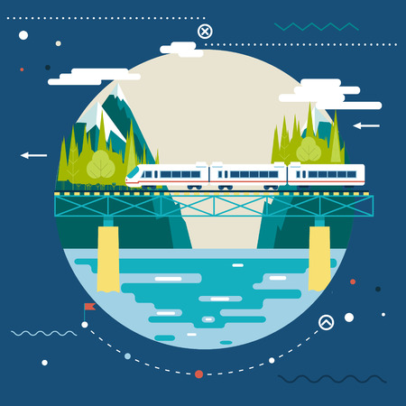 Planning Summer Vacation, tourism and Journey Symbol  Railroad Train Travel  on Stylish Background Modern Flat Design のイラスト素材