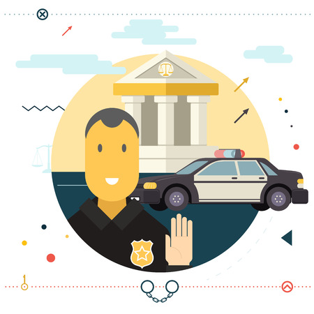 Legal Execution Justice Law Police Symbol Policeman Stop Sign in Front of Car With Court Background Modern Flat Design Icon Template のイラスト素材