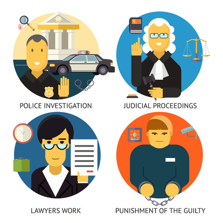 Justice Law and order Legal Services Symbol Crime Punishment  Responsibility Set Isolated Background Modern Flat Design Vector Illustrationのイラスト素材