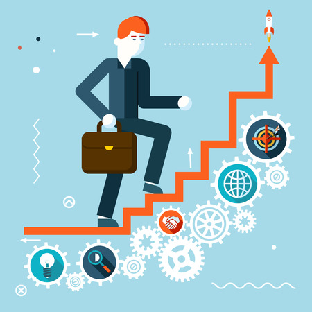Businessman Goes to success on Infographic Stairs Symbol Gears icons on Stylish Background Modern Flat Design Vector Illustrationのイラスト素材