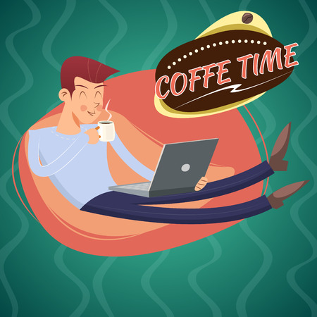Vintage Geek Eager Beaver Symbol Man with Laptop Drinks Coffee Icon on Stylish Background Retro Cartoon Design Vector Illustrationのイラスト素材