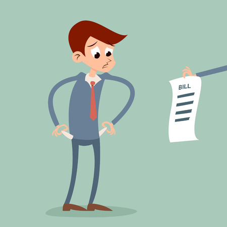 Out of money businessman cartoon character looking bill Icon on Stylish Background Retro Cartoon Design Vector Illustrationのイラスト素材