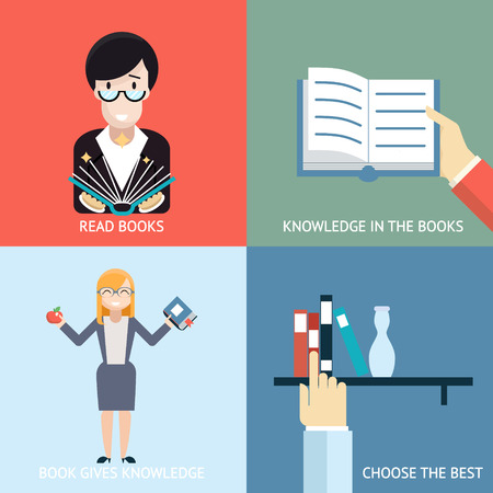 Reading Books Signs and Symbols Icons Hands Characters Template on Stylish Background Modern Flat Designのイラスト素材