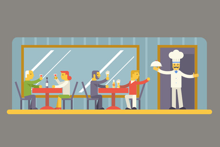 Restaurant Cafe with Chef and Visitors Characters Symbol Food House Interior Icon on Stylish Background Modern Flat Design Vector Illustrationのイラスト素材