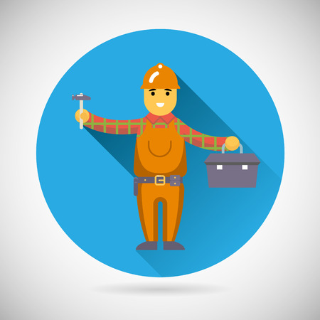 Worker repairer character with hammer toolbox icon construction repair symbol on Stylish Background Modern Flat Design Vector Illustrationのイラスト素材