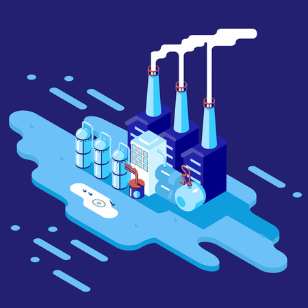 Isometric Retro Flat Factory Refinery Plant Manufacturing Products Processing Natural Resources with Distribution Network Pipes Concept Vector Illustrationのイラスト素材