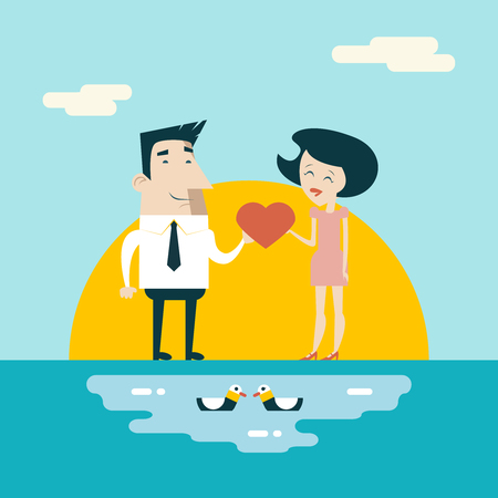 Love Male and Female Cartoon Characters Valentine\'s Day Icons Greeting Card Concept Stylish Background Flat Design Template Vector Illustrationのイラスト素材