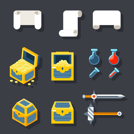 RPG Game Accessories Icons Set Scrolls Treasure Chests Potions Weapons Flat design Icon Template Vector Illustrationのイラスト素材