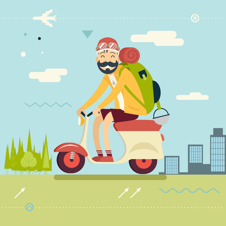 Happy Smiling Man Geek Hipster with Traveler Backpack on Schooter Icon Travel Lifestyle Planning a Summer Vacation Tourism and Journey Symbol Forest City Background Flat Design Template Vector Illustrationのイラスト素材