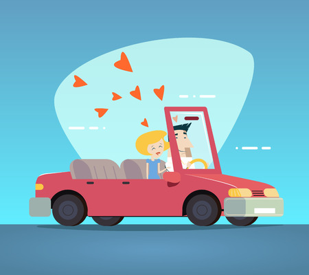 Cartoon Convertible Car Happy Male and Female Couple Love Characters Icon Modern Design Stylish Background Retro Flat Design Vector Illustrationのイラスト素材