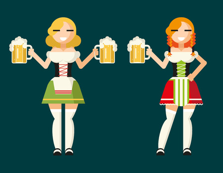 Oktoberfest Girls Female Characters Icons Traditional Costumes with Accessories Flat Design Card Vector Illustration Conceptのイラスト素材
