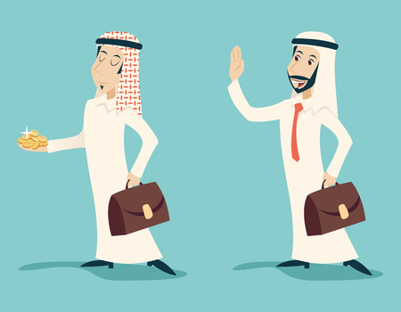 Retro Vintage Arab Businessman with Gold Greeting Business Proposal  Cartoon Characters Set Icon on Stylish Background Design Vector Illustrationのイラスト素材