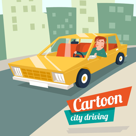 Cartoon retro car city driving street backgorund vector illustrationのイラスト素材