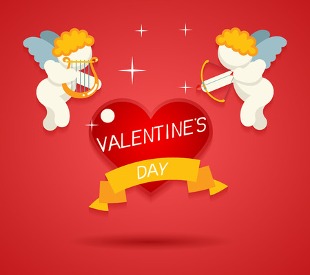 Valentines Day Greeting Card Template Angel Cherub Symbol Baby Boy with Harp Lira Bow and Arrow Aiming at Target Icon on Stylish Background Flat Design Vector Illustrationのイラスト素材