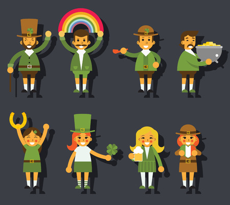 Leprechauns Ggnomes Characters set Celebration St. Patrick Icons Flat Design Icon Stylish Background Template Vector Illustrationのイラスト素材