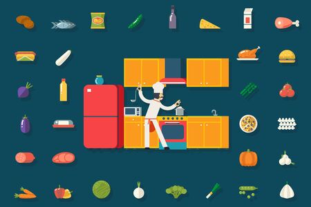 Chief Cook Food and Dish Room Kitchen Furniture House Interior Icons Symbols Set Flat Design Vector Illustrationのイラスト素材