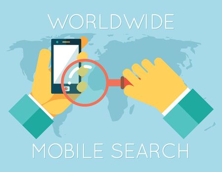 Worldwide Mobile Search Hands Phone Magnifying Glass Icons on World Map Background Flat Design Concept Vector Illustrationのイラスト素材