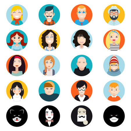 Stylish Handsome Male and Female Characters Avatar Collection of Faces Icons in Flat Design Vector Illustrationのイラスト素材