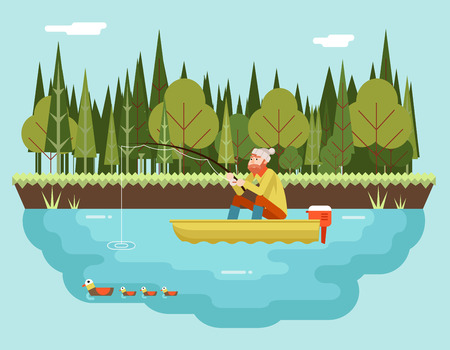 Fisherman with Fishing Rod in Boat Forest and Birds Background Concept Character Icon Flat Design Landscape Template Vector Illustrationのイラスト素材
