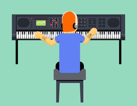 Musician Synthesizer Geek Hipster Music Player Back Concept Character Icon Flat Design on Stylish Background Template Vector Illustrationのイラスト素材