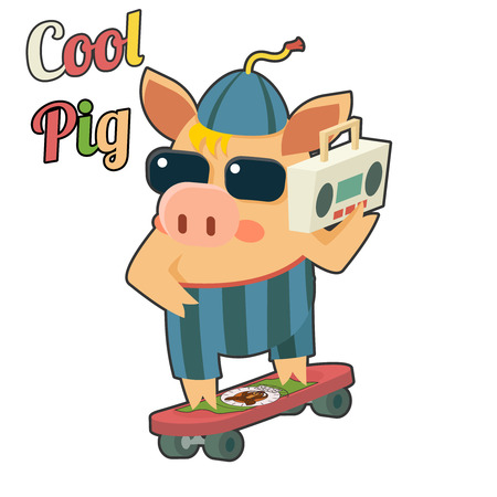 Cool Pig Sunglasses Skateboard Tape Recorder Cartoon Character Icon Vector Illustrationのイラスト素材