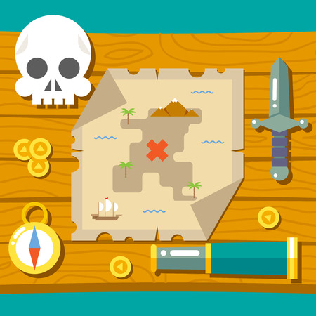 Pirate Treasure Adventure Game RPG Map Action Knife Gagger Spyglass Skull Compass Icon Symbol Wood Table Background Concept Flat Vector Illustrationのイラスト素材