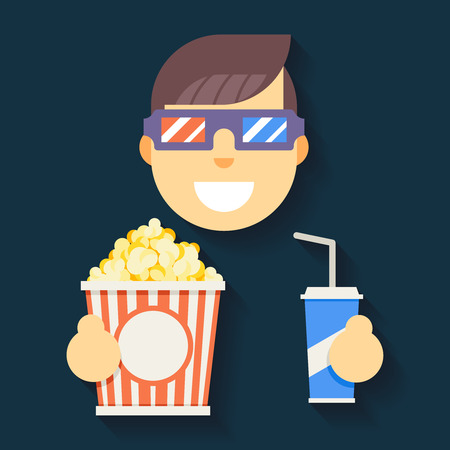 Male Guy Man Boy Character Cinema 3D Glasses Big Popcorn Soda Water Flat Icon Vector illustrationのイラスト素材
