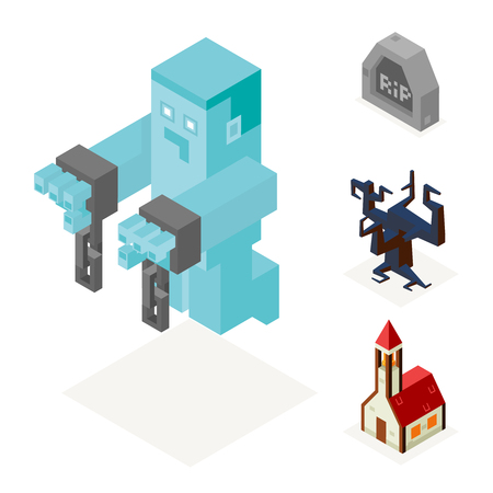 Halloween Ghost Icons Set Church Cursed Tree Gravestone Trick Treat Flat Design Isometric 3d Vector Illustrationのイラスト素材