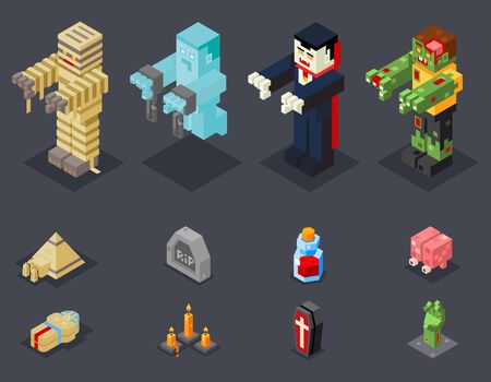 Halloween Party Monster Role Character Bust Icon Set Stylish Background Flat Design Greeting Card Template Vector Illustrationのイラスト素材