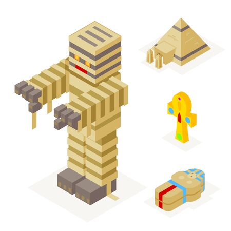 Halloween Mummy Icons Set Pyramid Ankh Sarcophagus Trick or Treat Flat Design Isometric 3d Vector Illustrationのイラスト素材