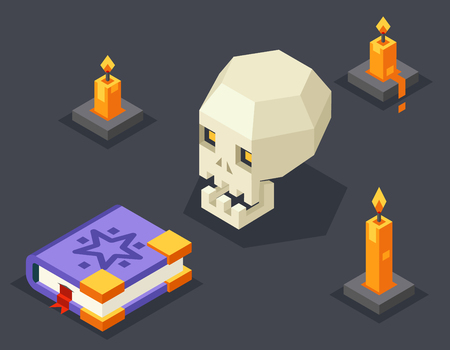 Night Wisdom Magic Icon Skull Spellbook Candles Flat Isometric 3d Vector Illustrationのイラスト素材