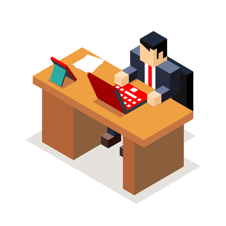 Businessman office workroom with laptop documents isometric flat design vector illustrationのイラスト素材