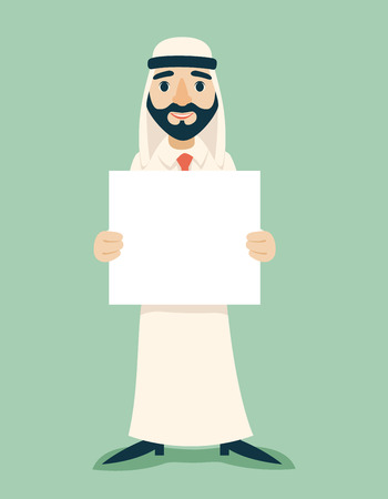 Arab Businessman Traditional National Muslim Clothes Cartoon Character White Board Presentation Icon Stylish Background Retro Cartoon Design Vector Illustrationのイラスト素材