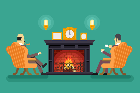 Gentlemen Fireplace Tea Drink Evening Discussing Business Concept Icon Background Flat Design Vector Illustrationのイラスト素材